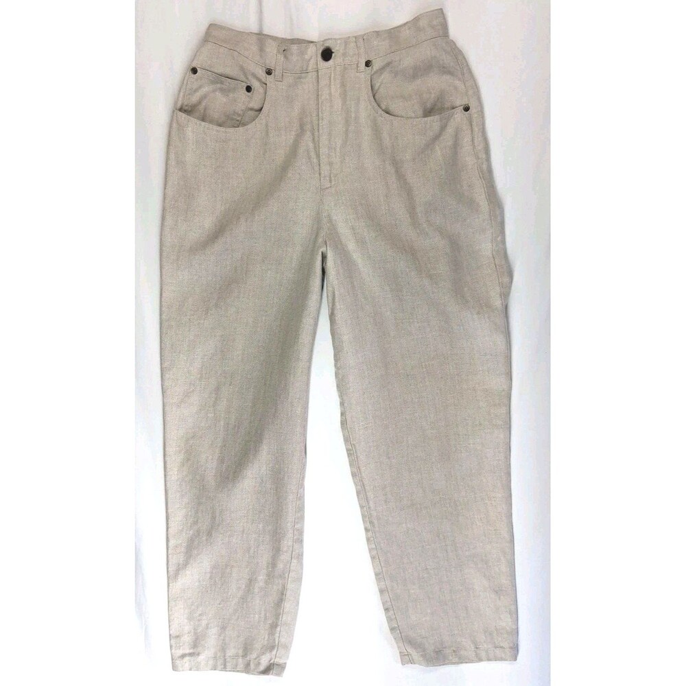 Women 10 Linen Pants Tan Ankle Khaki Chinos Classic Summer Minimalist Coastal